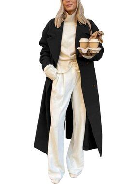 Women's Black Fall Fashion Fall Winter Big Notch Lapel Overcoat Wool Pea Coats